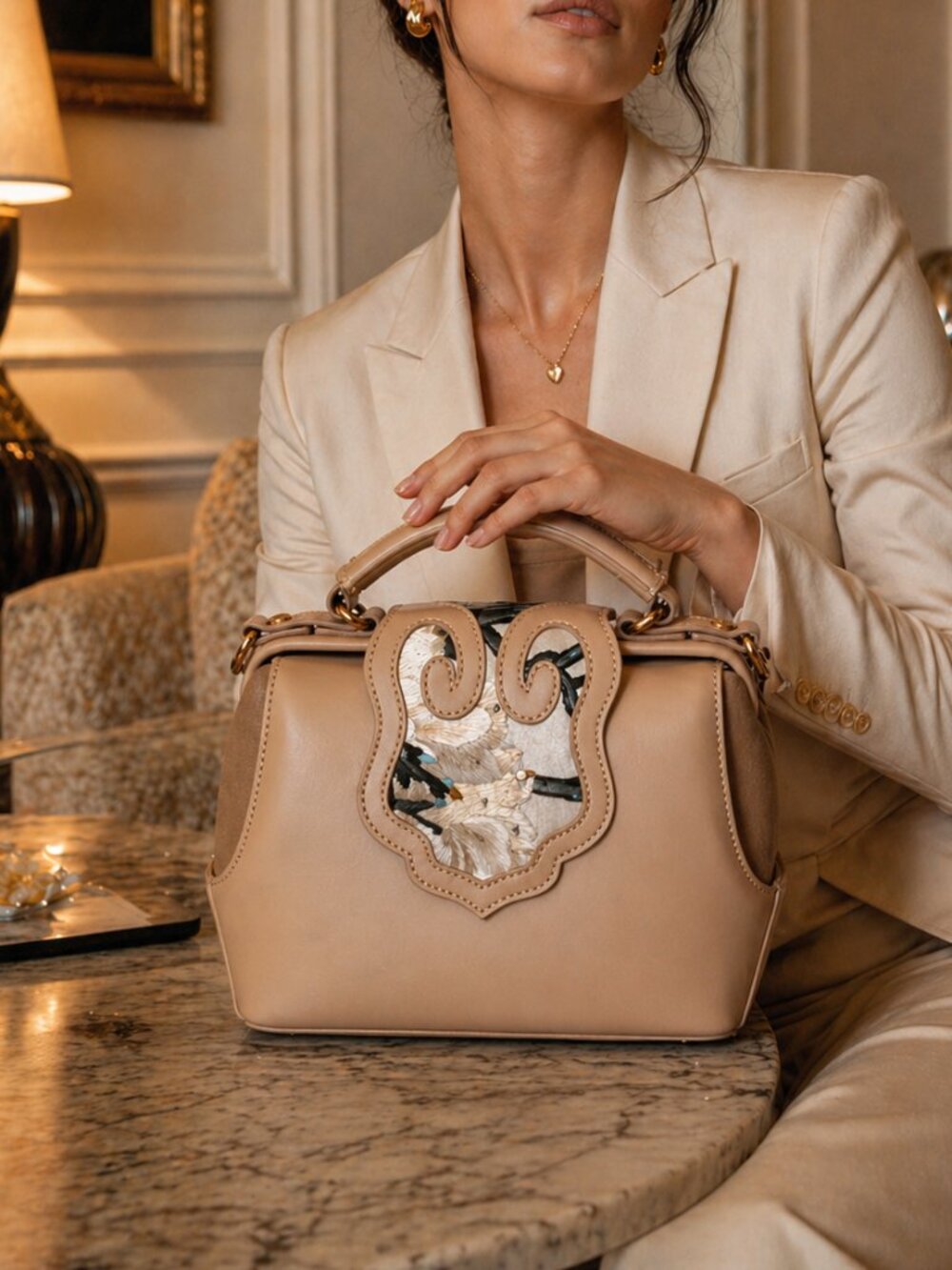 100% Full Grain Leather Beige Top-Handle Women's Satchel with Floral Accent